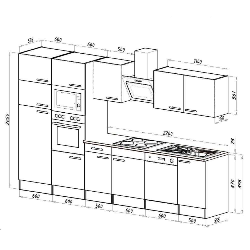 Konyhabútor méretábra 340 cm teljes szélességgel és 2050 mm magassággal - Homelux, L340STFH